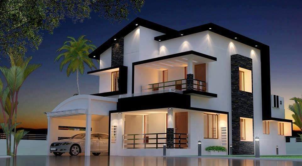 Night view of a Rathna Constructions residence facade with warm architectural lighting