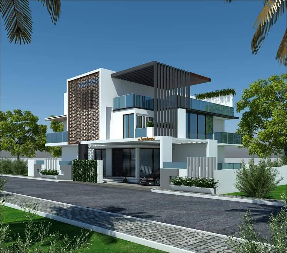 A contemporary Rathna Constructions residence with a perforated copper screen facade