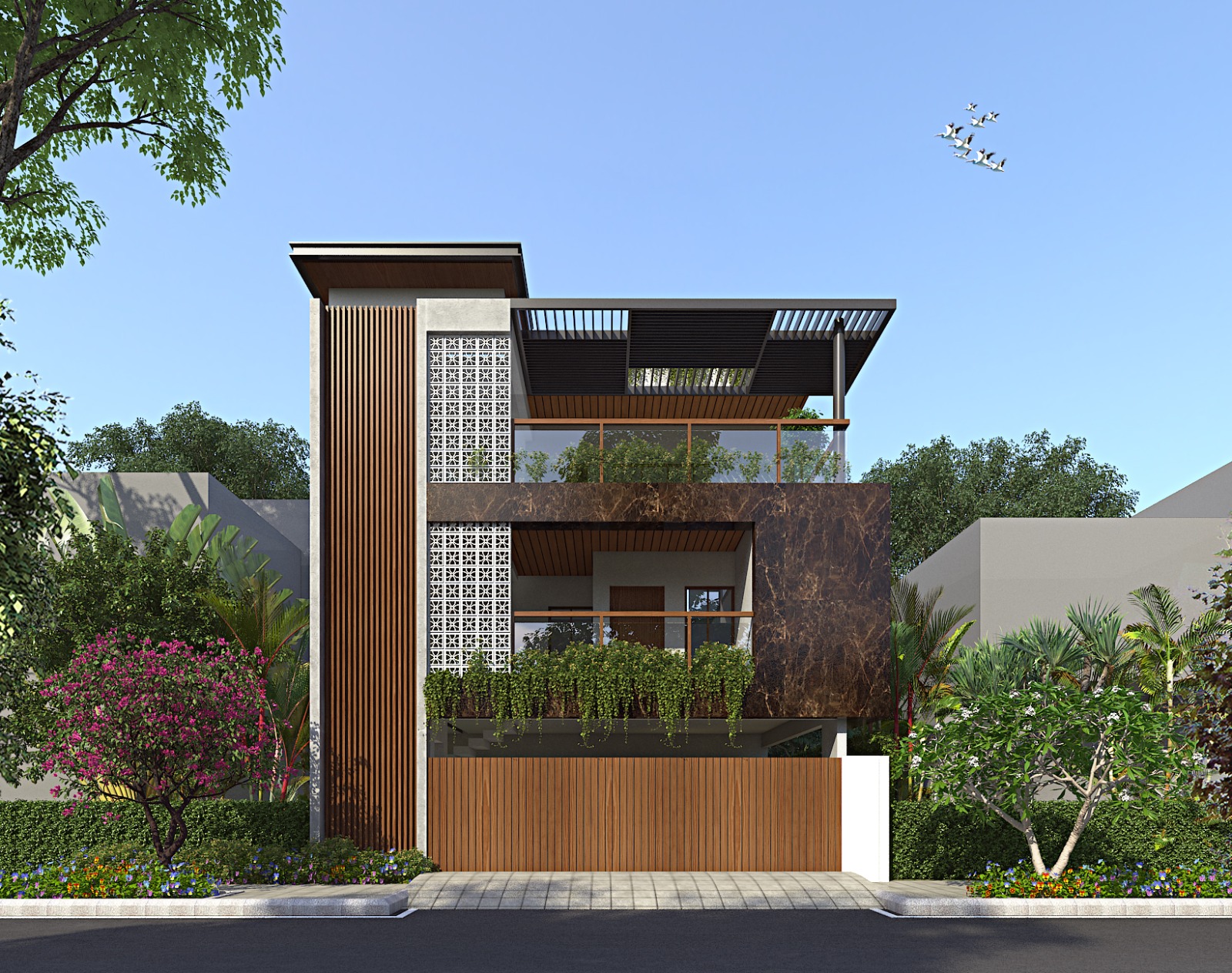 Modern stone-clad residence elevation