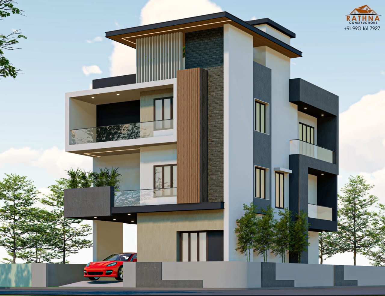 Red and white multi-storey residence with balconies