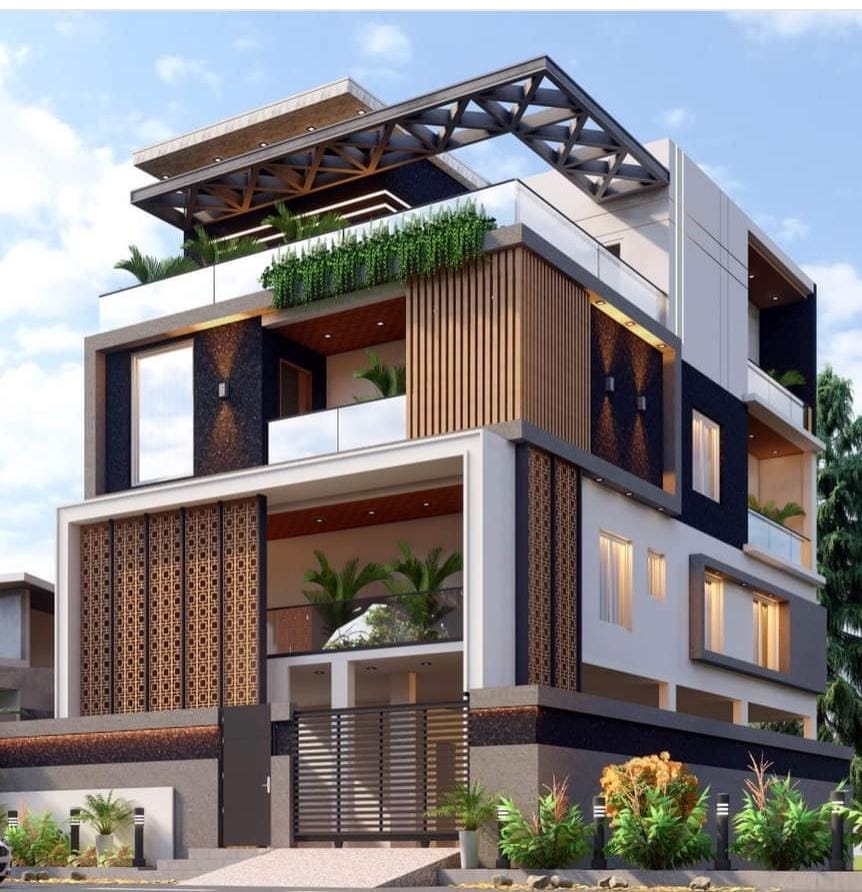 Modern residence with blue car in driveway