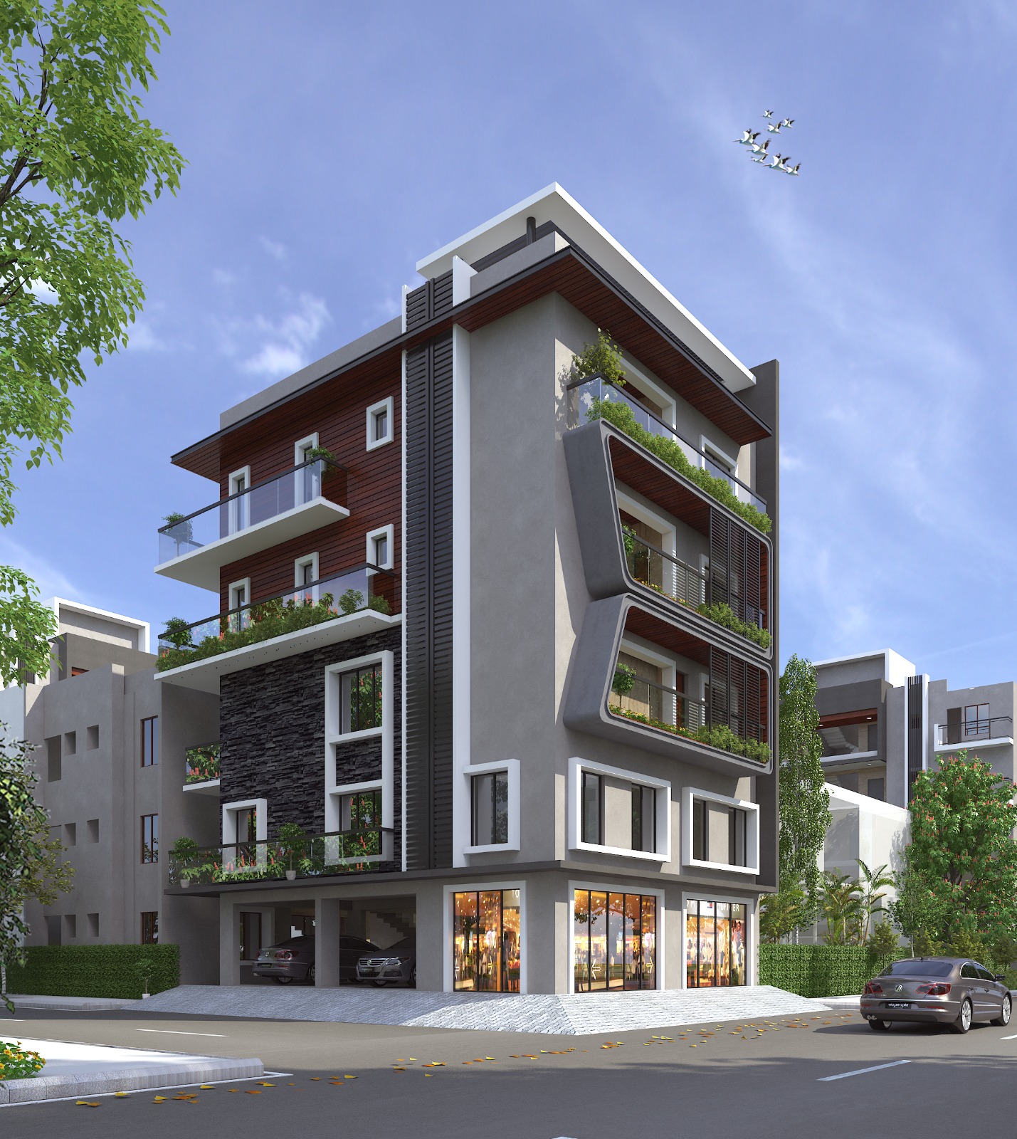 Wood clad tower residence with greenery