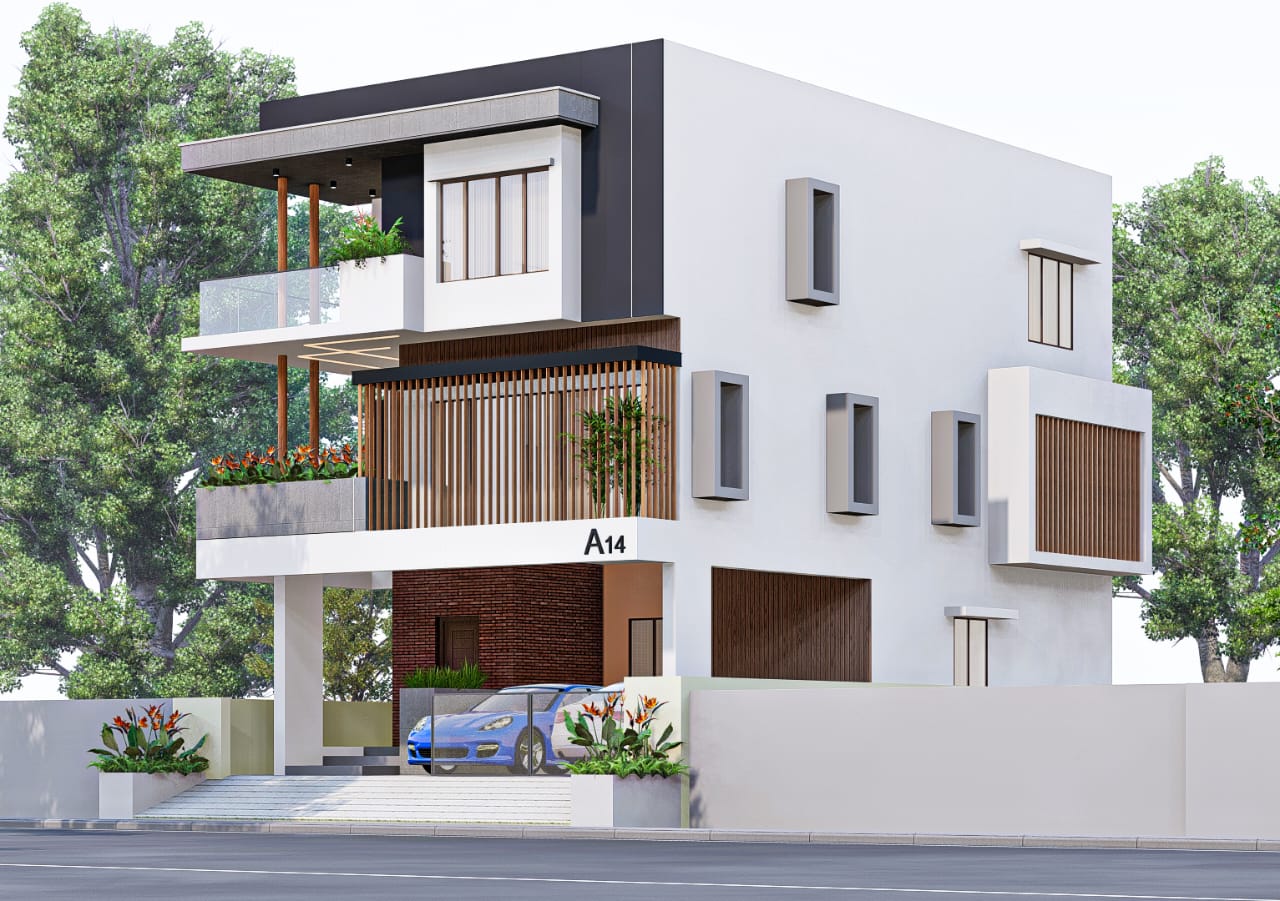 White residence with jacaranda tree
