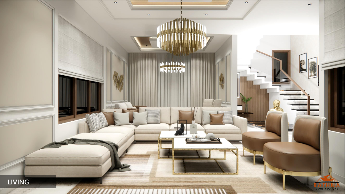 Eclectic living room interior with warm lighting