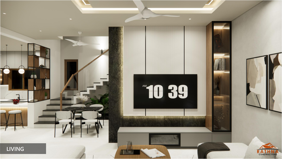 Living room with marble feature wall and fireplace