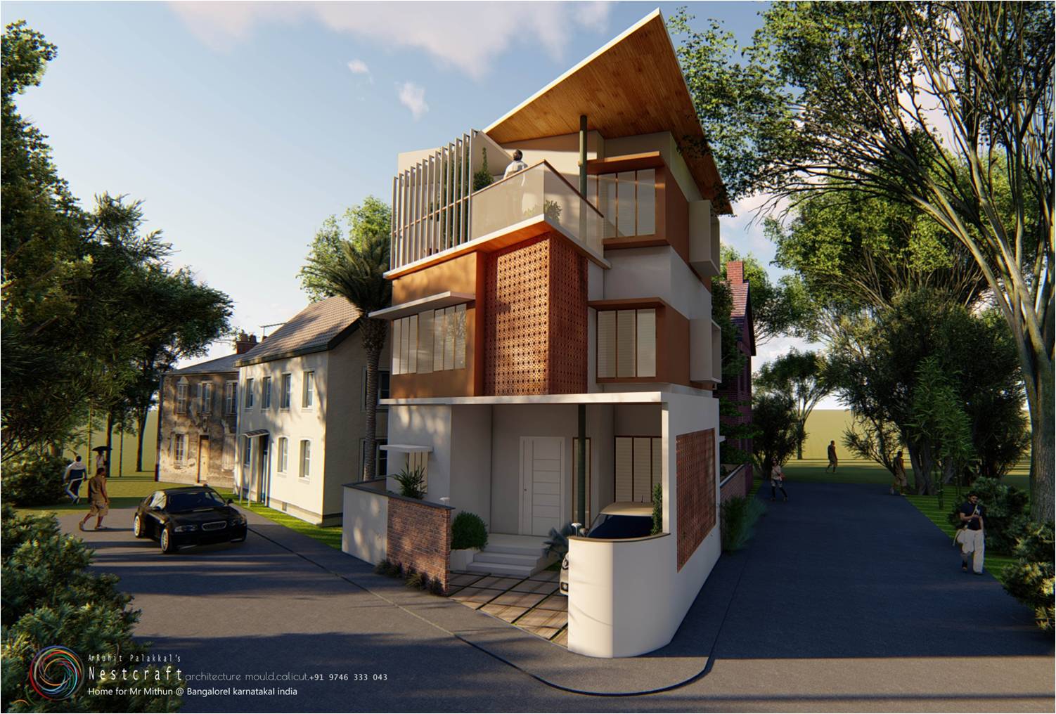 Contemporary house with a brick jaali screen and wooden canopy roof