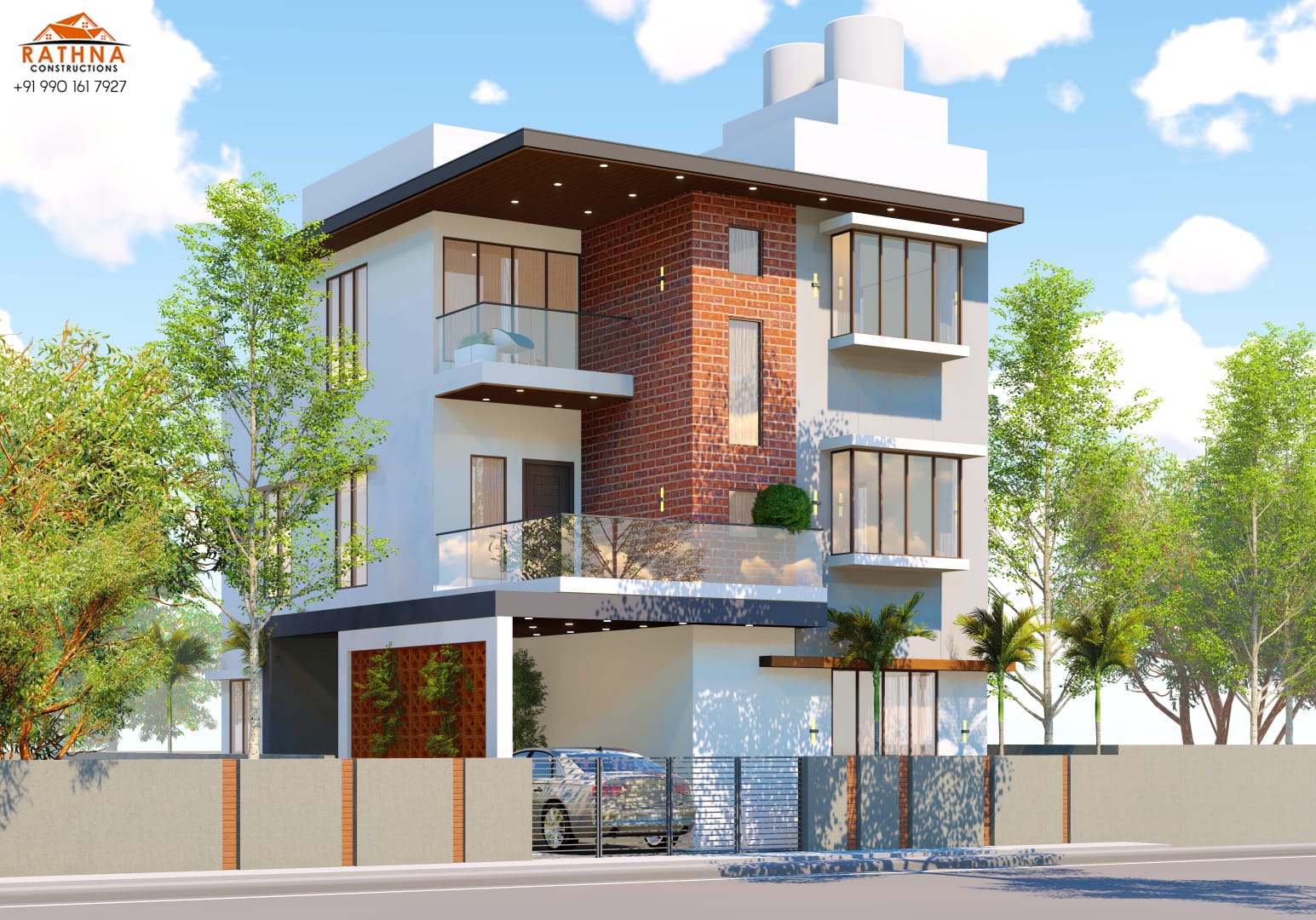 Compact modern home with exposed brick tower and covered carport