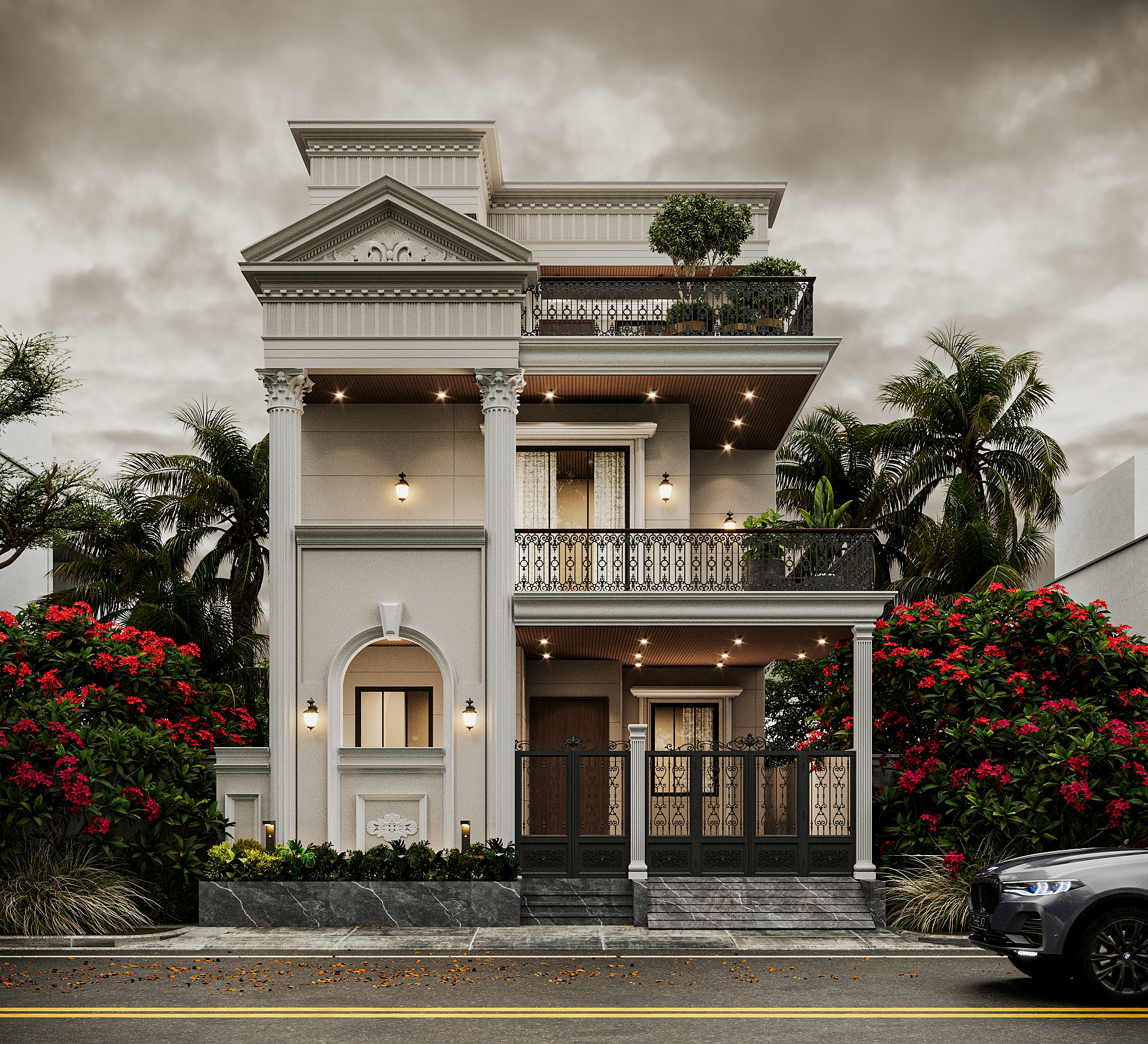 Exterior render of the Classic Residence with colonial-style facade