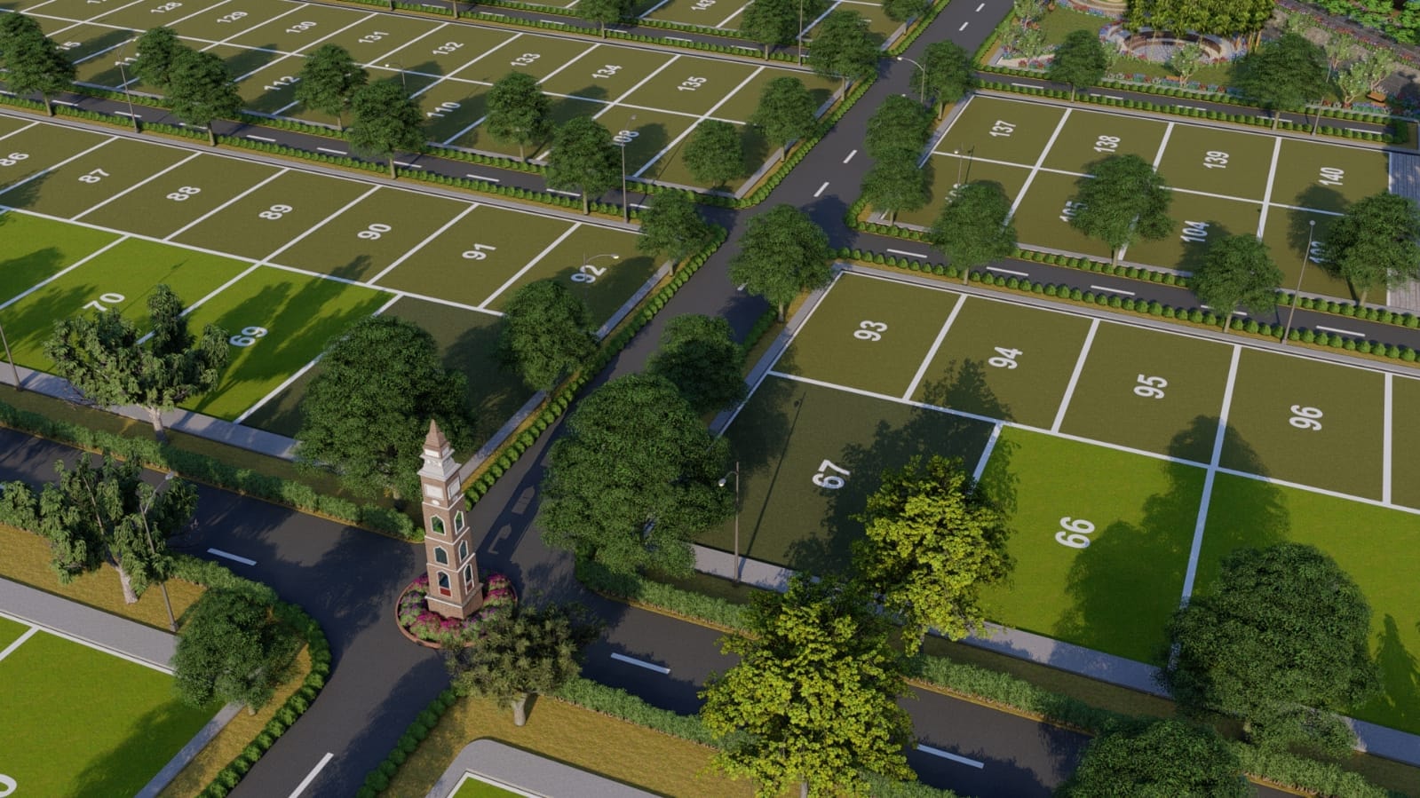 Aerial render of a residential layout development with plotted parcels and roads